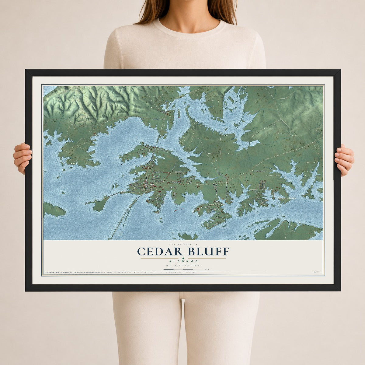 Map of Cedar Bluff, Alabama, 24 x 36 inch print in a black wood frame