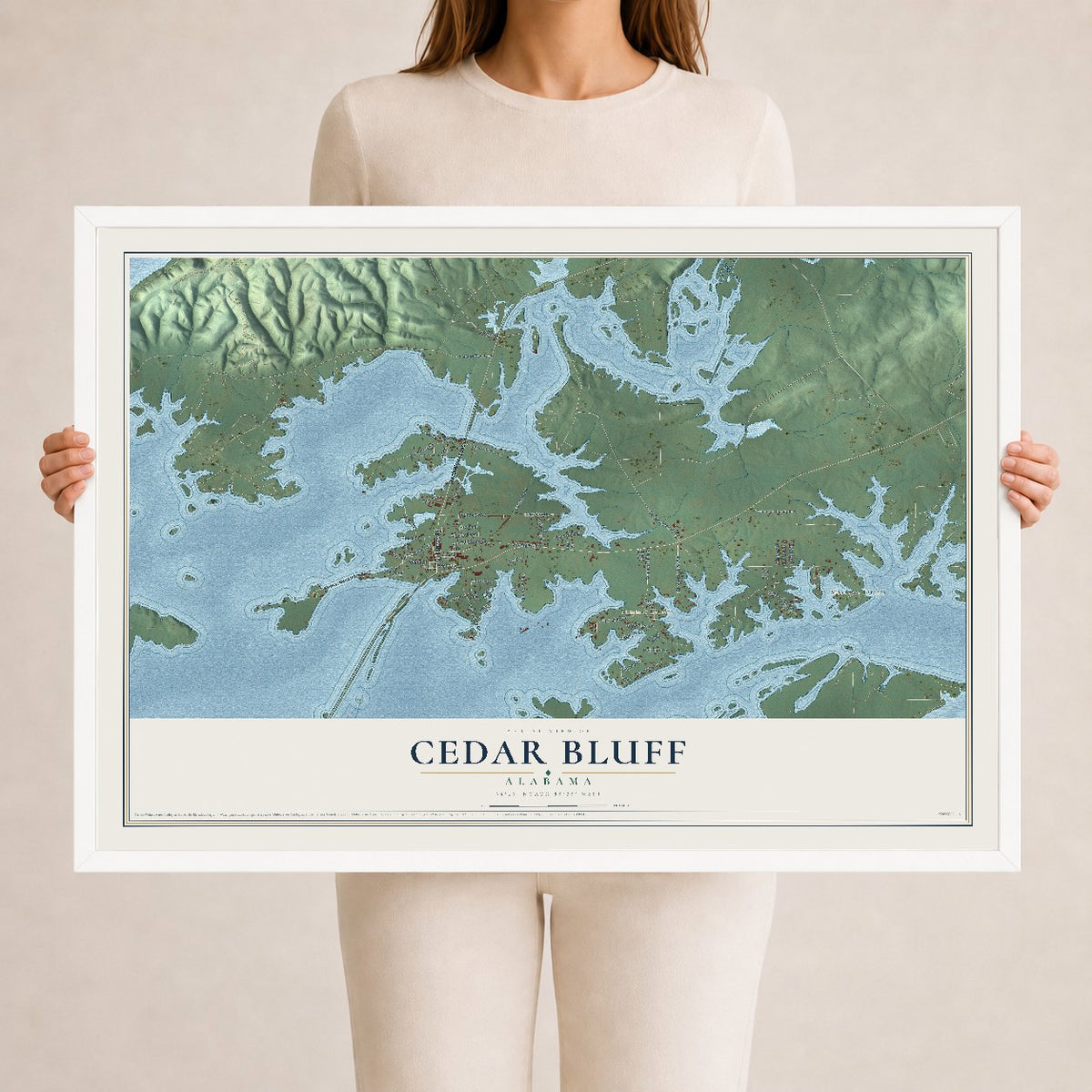 Map of Cedar Bluff, Alabama, 24 x 36 inch print in a white wood frame
