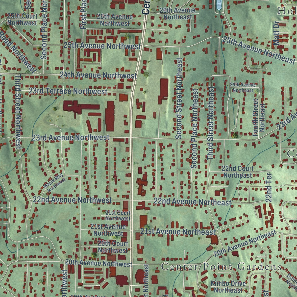 Close-up of the map of Center Point, Alabama print showing street and building detail