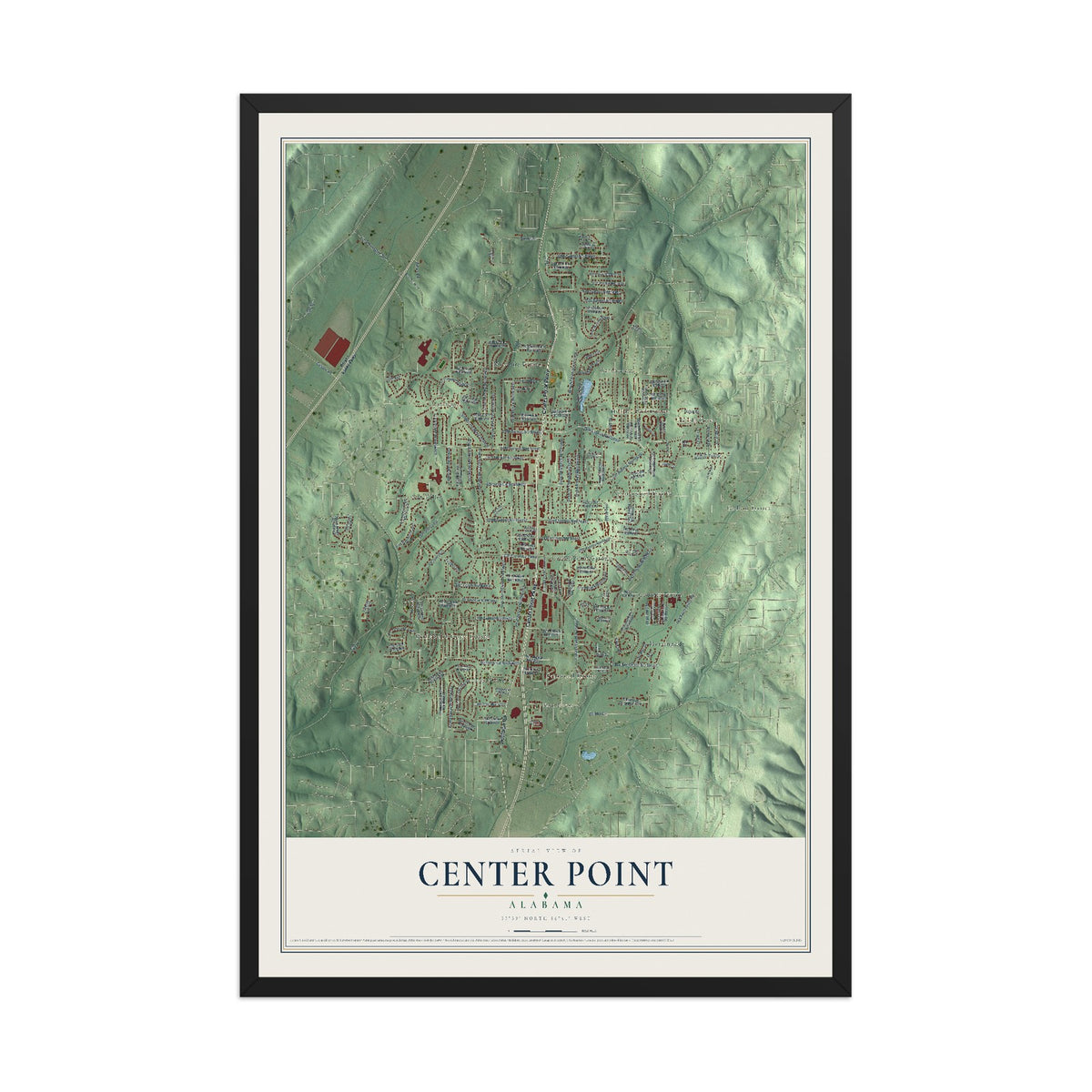 Map of Center Point, Alabama, 12 x 18 inch print in a black wood frame