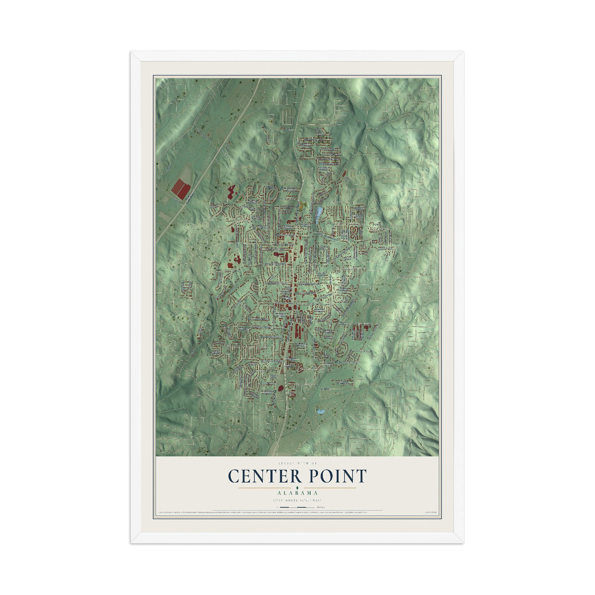 Map of Center Point, Alabama, 12 x 18 inch print in a white wood frame