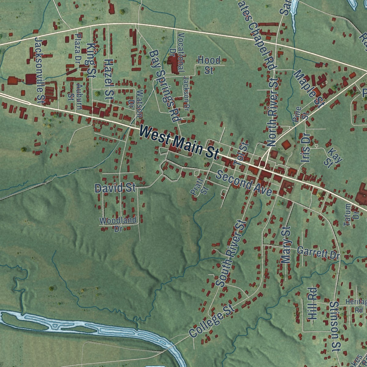 Close-up of the map of Centre, Alabama print showing street and building detail