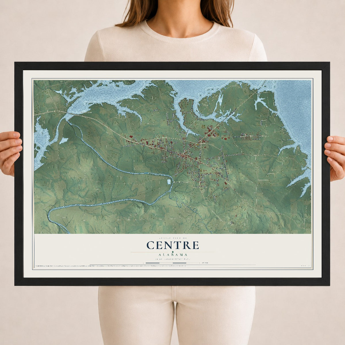 Map of Centre, Alabama, 18 x 24 inch print in a black wood frame