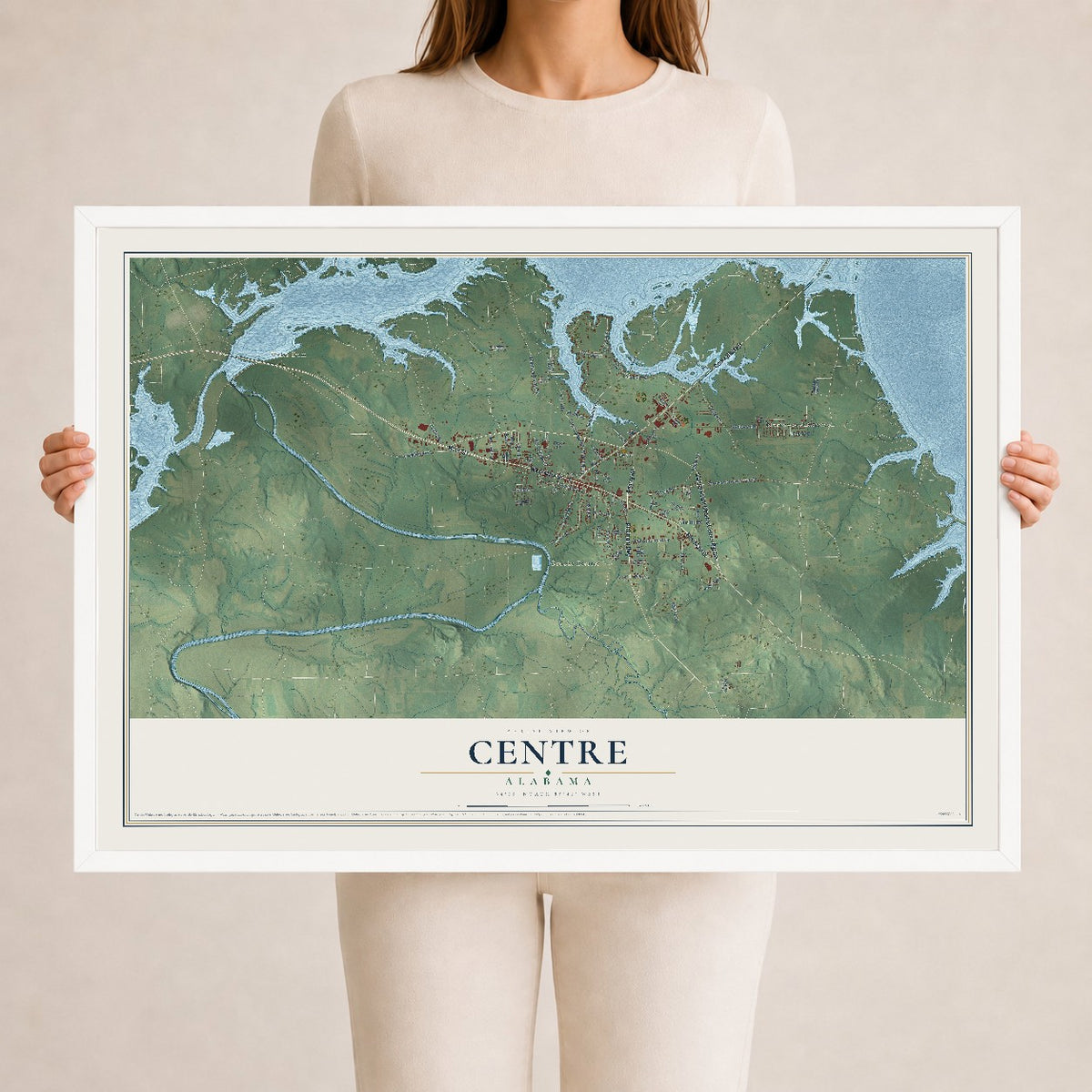 Map of Centre, Alabama, 24 x 36 inch print in a white wood frame
