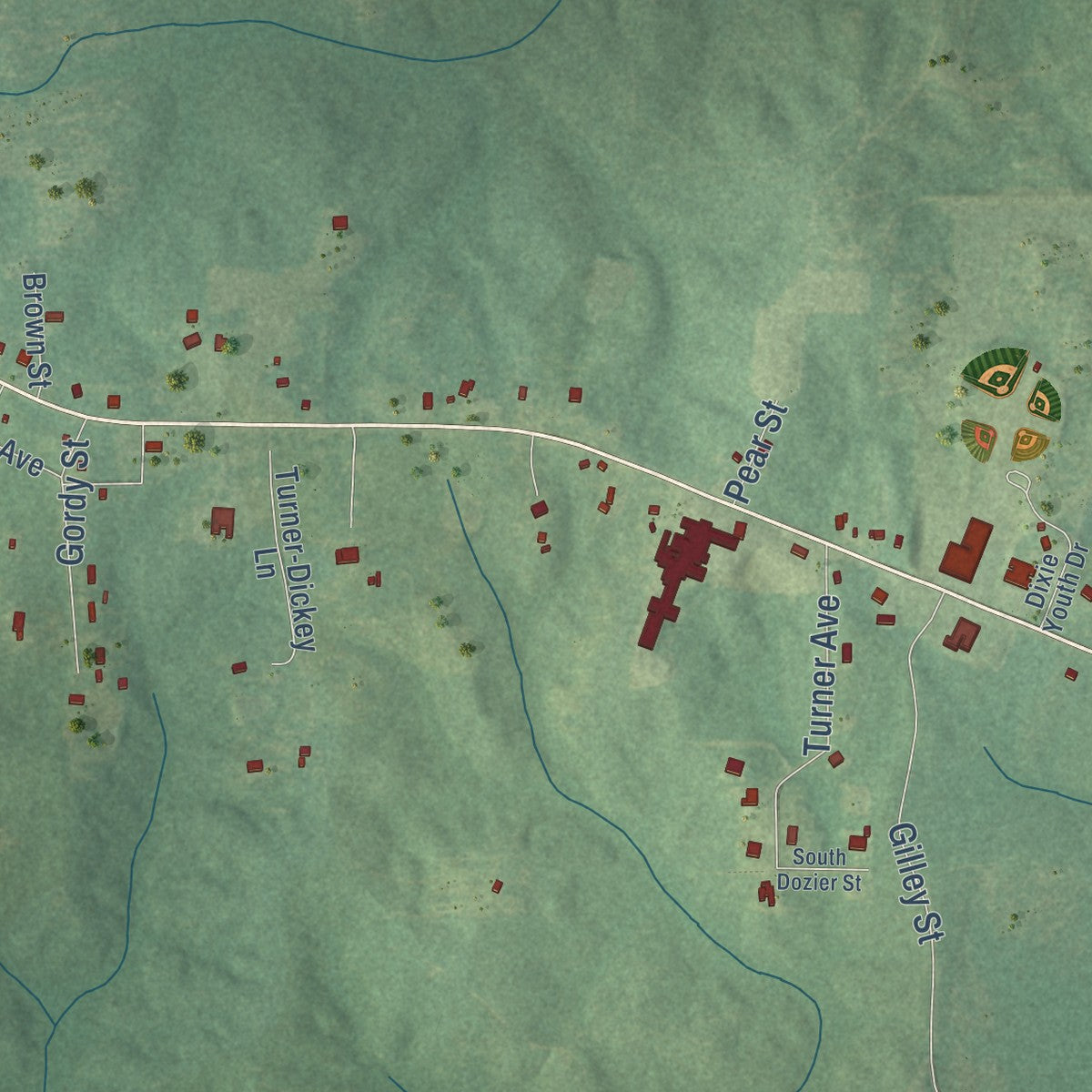 Second close-up of the map of Chatom, Alabama print showing more streets and buildings