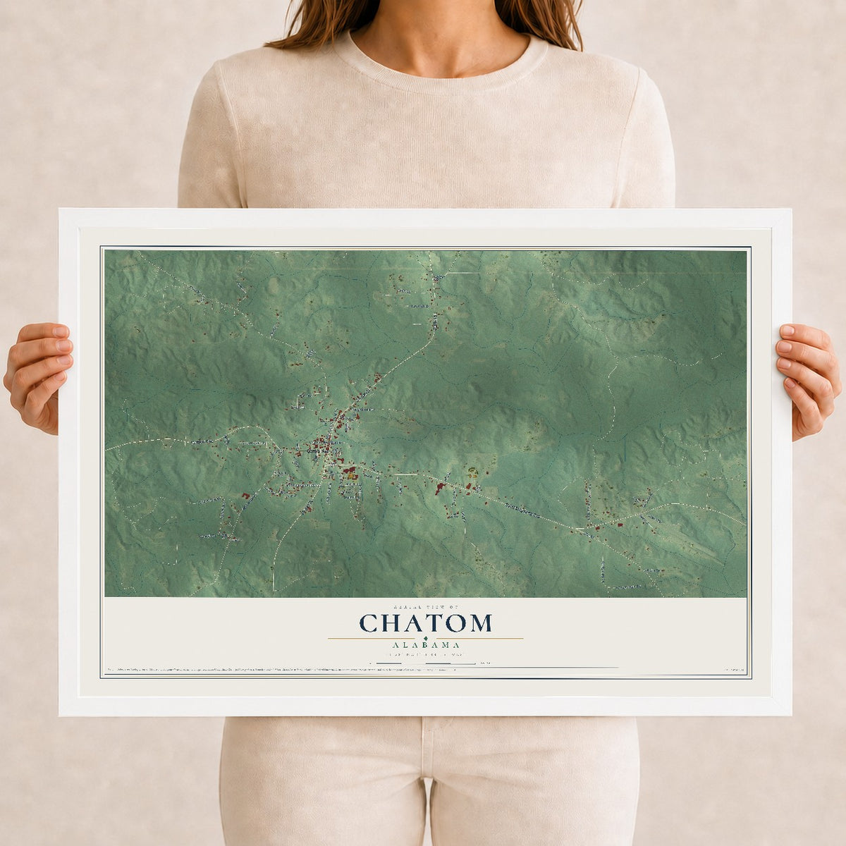Map of Chatom, Alabama, 12 x 18 inch print in a white wood frame
