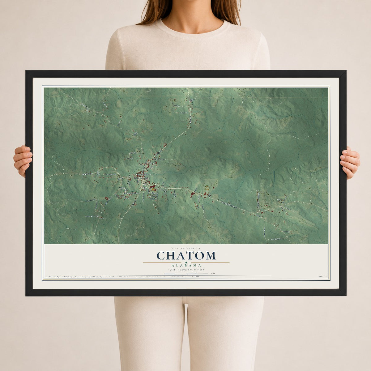 Map of Chatom, Alabama, 24 x 36 inch print in a black wood frame
