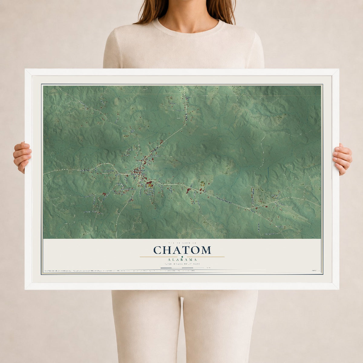 Map of Chatom, Alabama, 24 x 36 inch print in a white wood frame