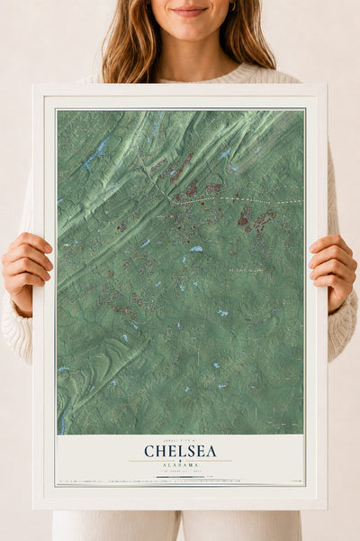 Map of Chelsea, Alabama, 18 x 24 inch print in a white wood frame