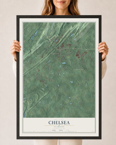 Map of Chelsea, Alabama, 24 x 36 inch print in a black wood frame