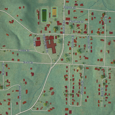 Close-up of the map of Cherokee, Alabama print showing street and building detail