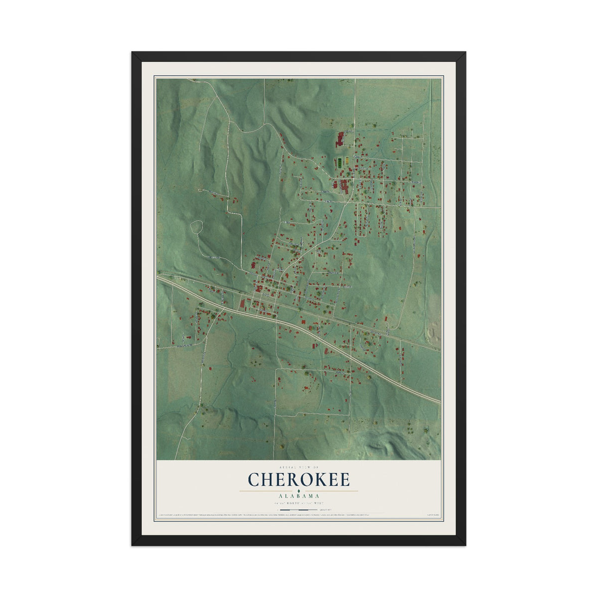 Map of Cherokee, Alabama, 12 x 18 inch print in a black wood frame