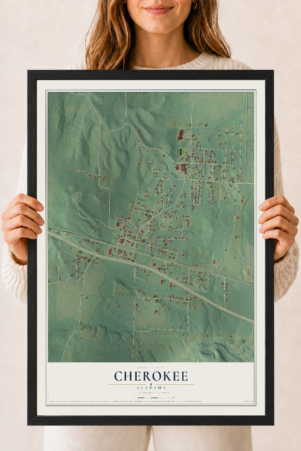 Map of Cherokee, Alabama, 18 x 24 inch print in a black wood frame