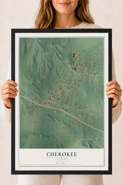 Map of Cherokee, Alabama, 18 x 24 inch print in a black wood frame