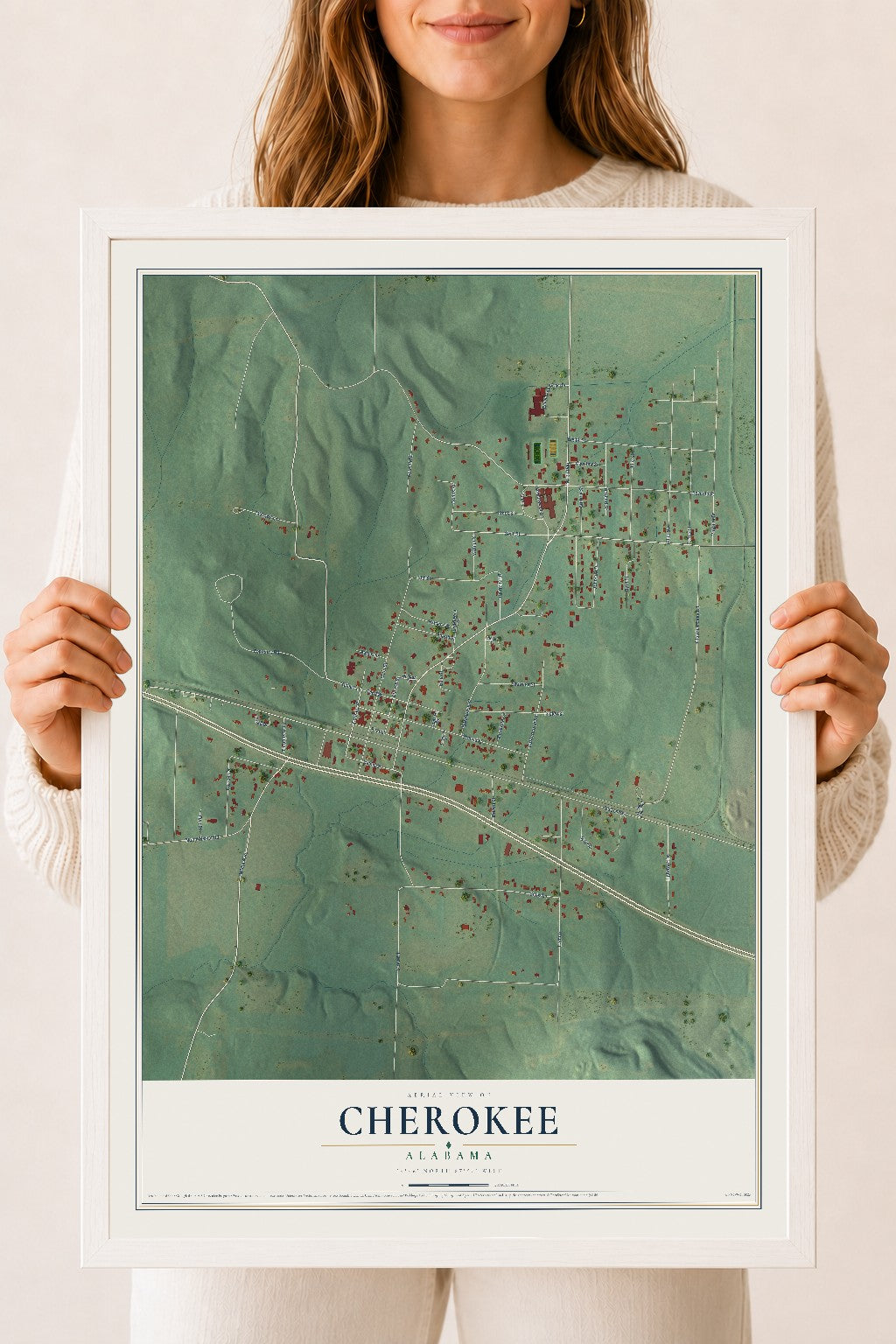 Map of Cherokee, Alabama, 18 x 24 inch print in a white wood frame