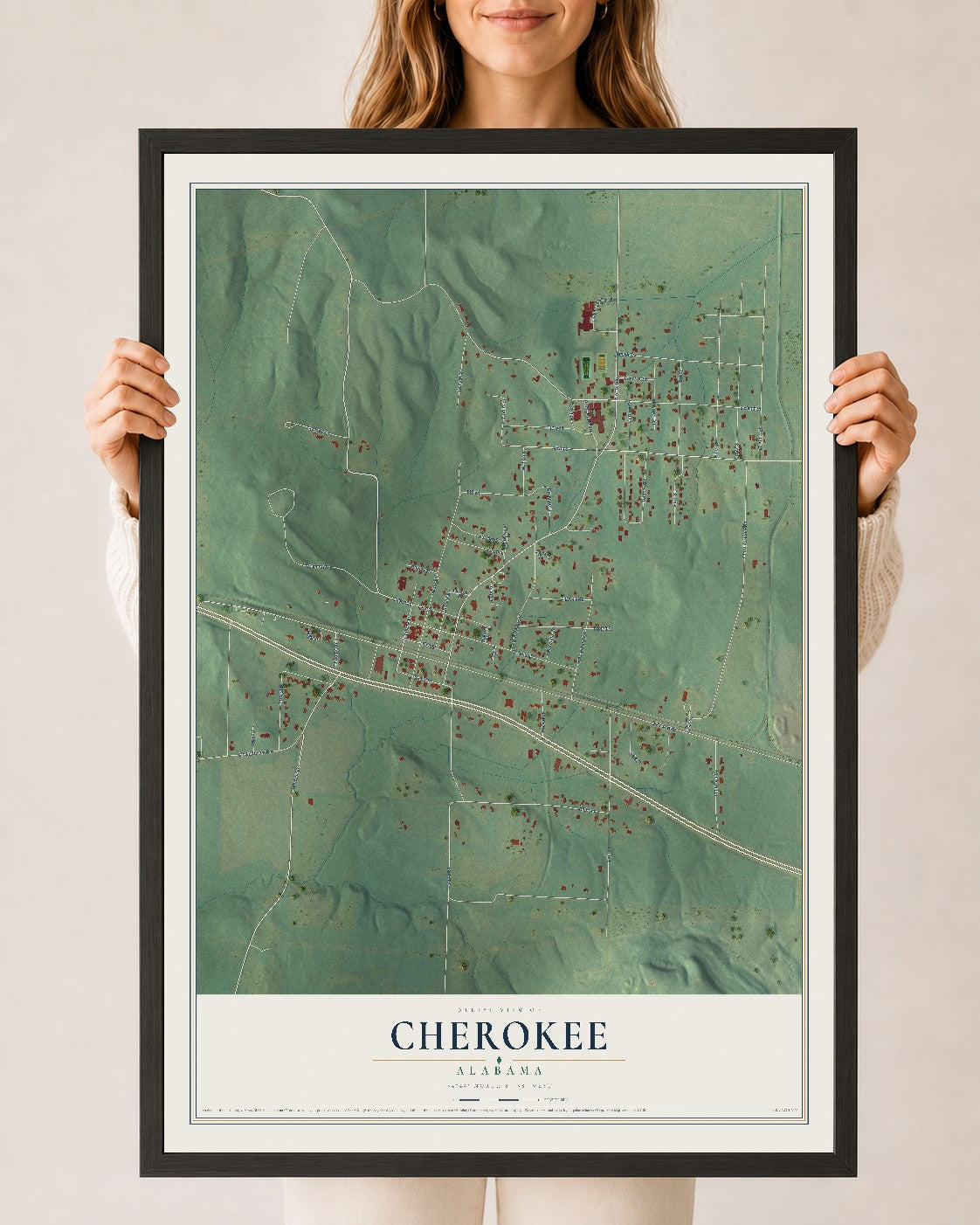 Map of Cherokee, Alabama, 24 x 36 inch print in a black wood frame
