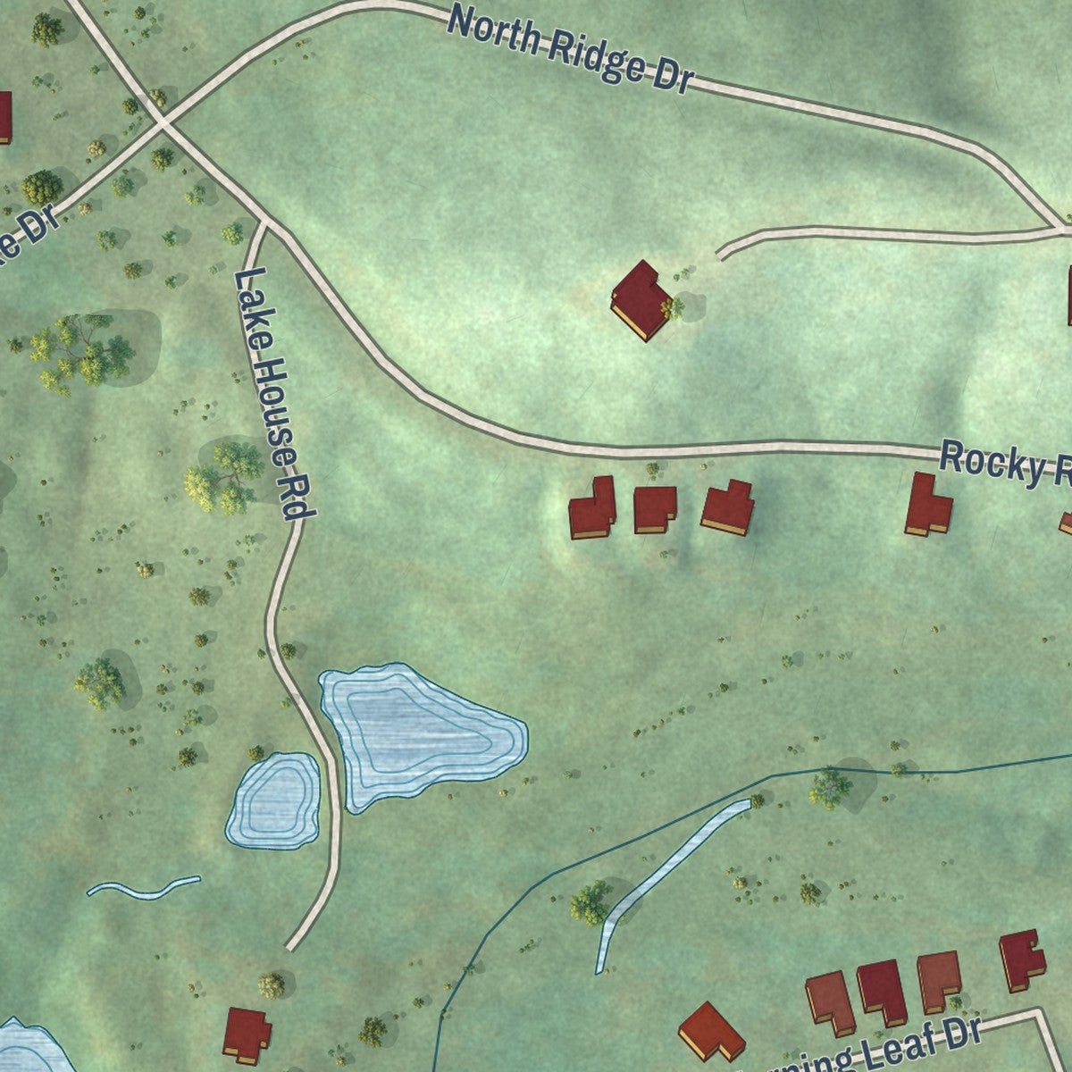 Close-up of the map of Cherokee Ridge, Alabama print showing street and building detail