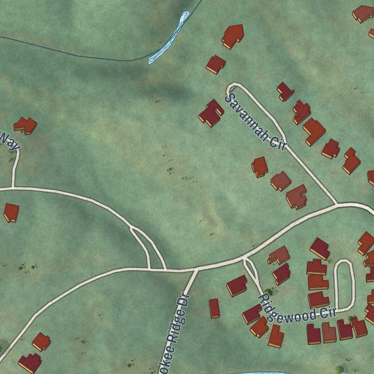 Second close-up of the map of Cherokee Ridge, Alabama print showing more streets and buildings