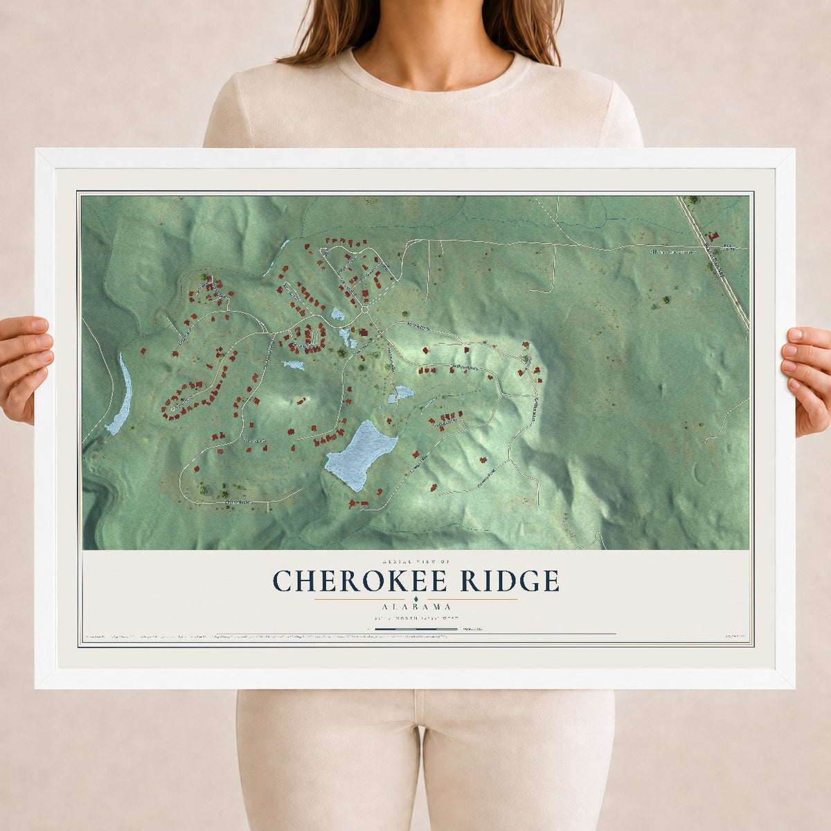 Map of Cherokee Ridge, Alabama, 18 x 24 inch print in a white wood frame