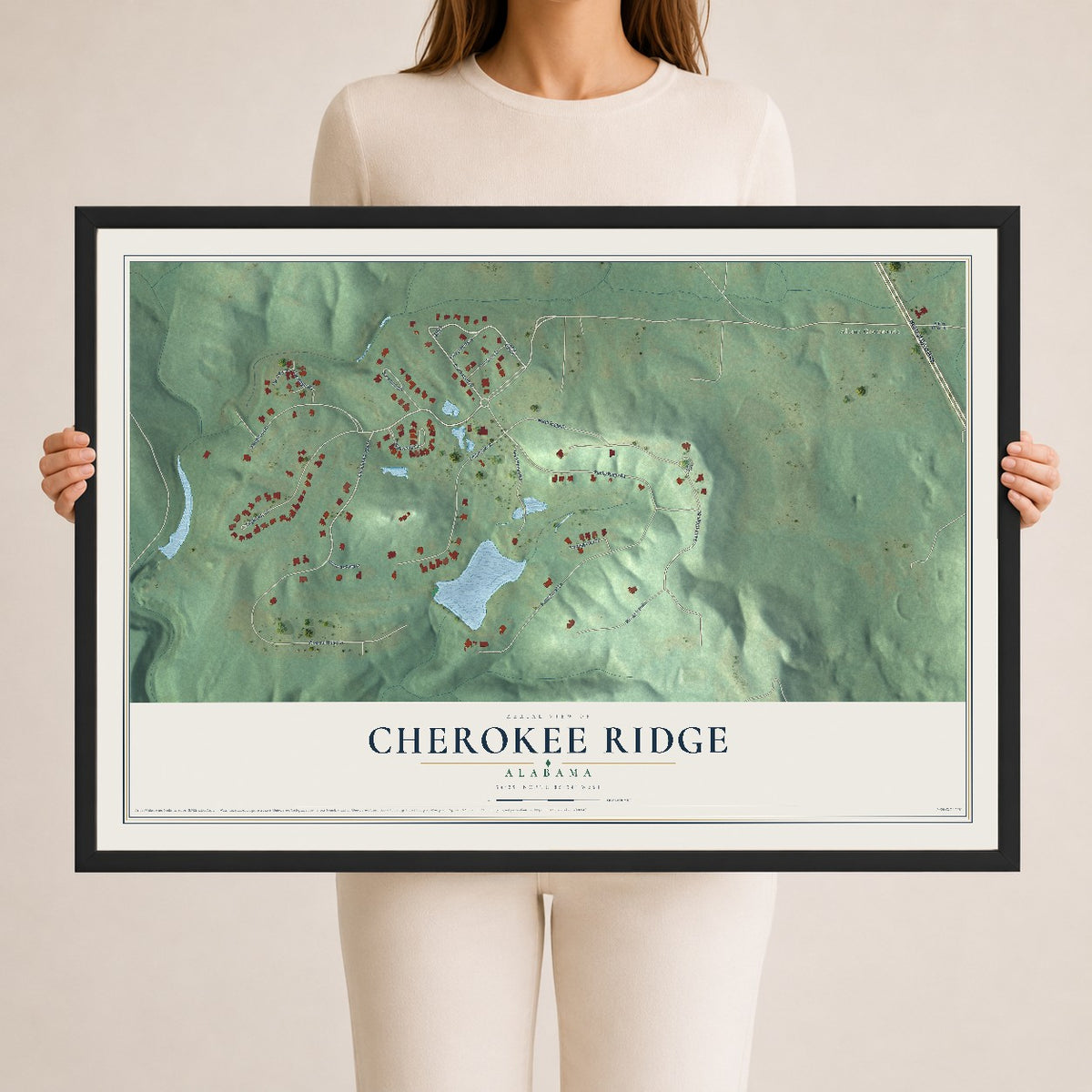 Map of Cherokee Ridge, Alabama, 24 x 36 inch print in a black wood frame