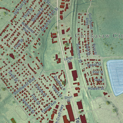 Second close-up of the map of Chickasaw, Alabama print showing more streets and buildings