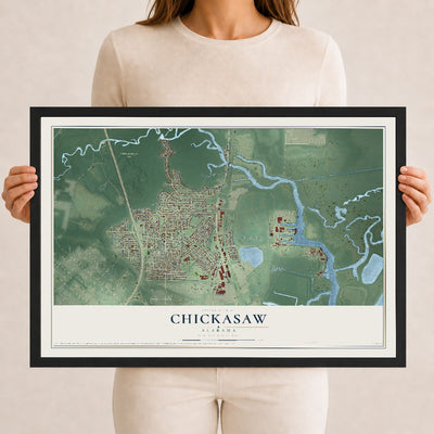 Map of Chickasaw, Alabama, 12 x 18 inch print in a black wood frame