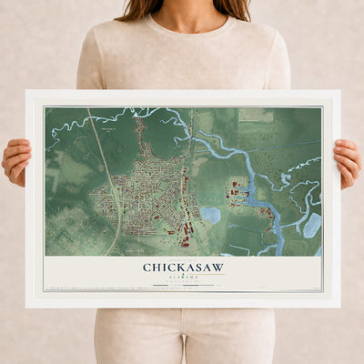 Map of Chickasaw, Alabama, 12 x 18 inch print in a white wood frame