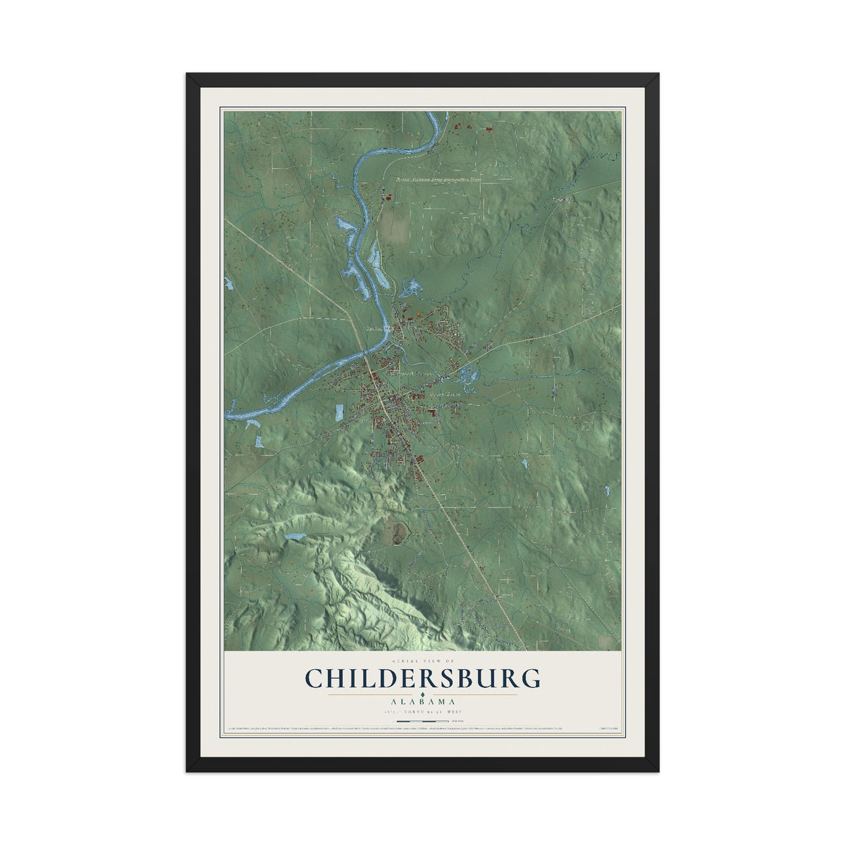 Map of Childersburg, Alabama, 12 x 18 inch print in a black wood frame