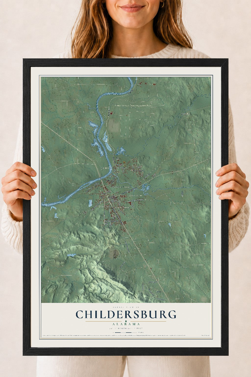 Map of Childersburg, Alabama, 18 x 24 inch print in a black wood frame