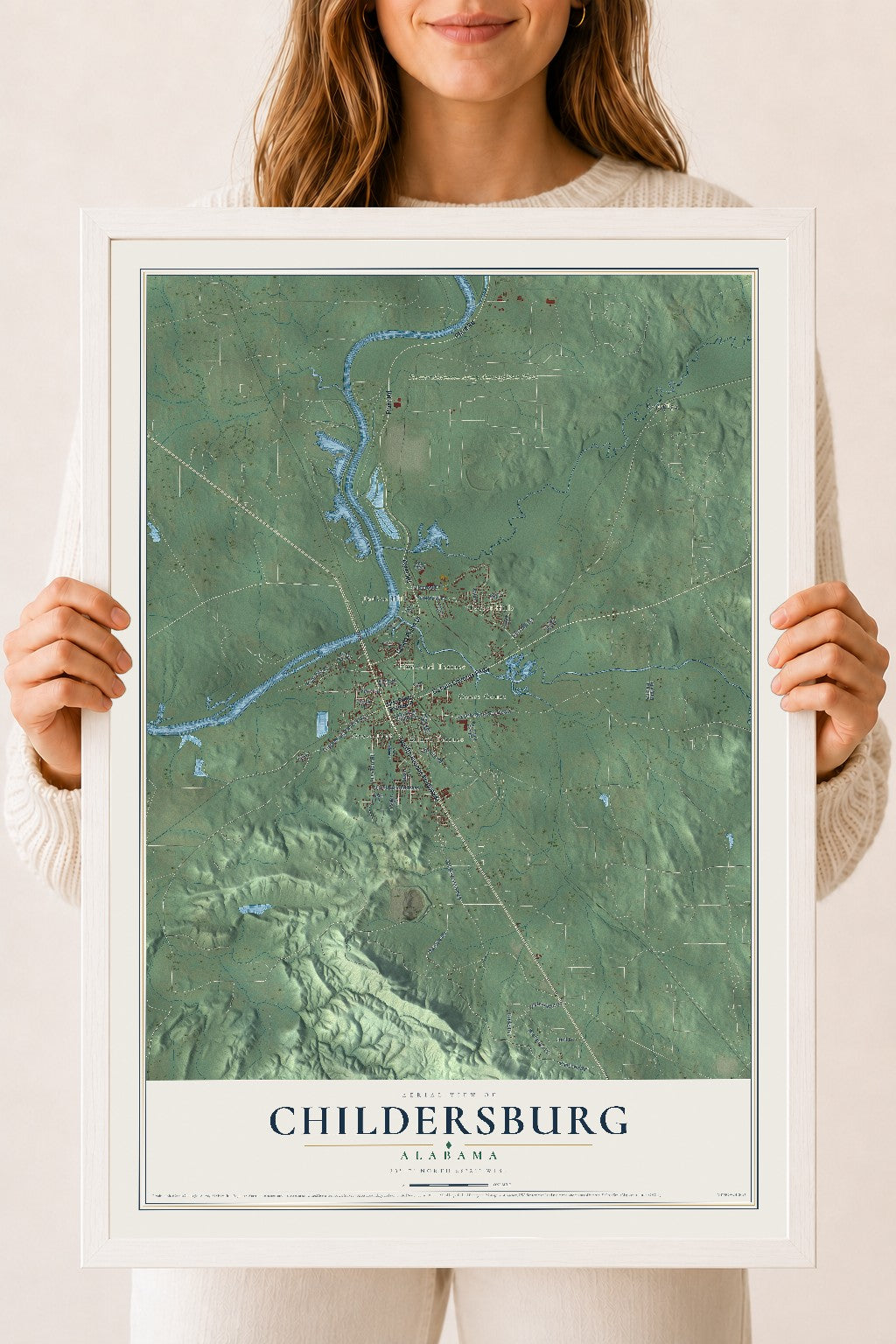 Map of Childersburg, Alabama, 18 x 24 inch print in a white wood frame