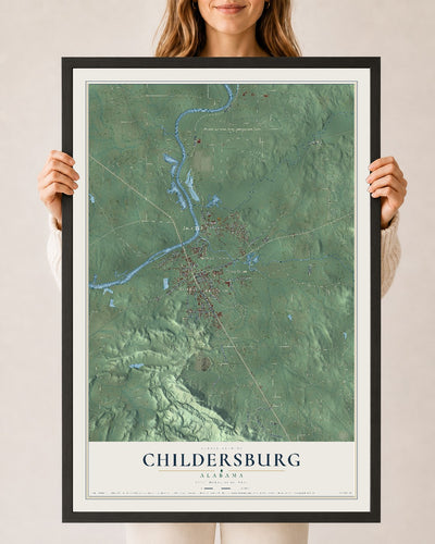 Map of Childersburg, Alabama, 24 x 36 inch print in a black wood frame