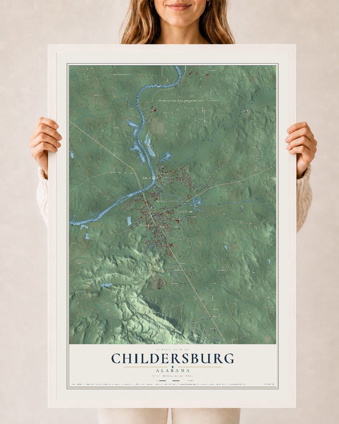 Map of Childersburg, Alabama, 24 x 36 inch print in a white wood frame