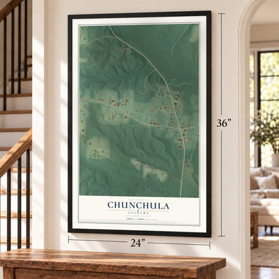 Chunchula, Alabama map, 24 x 36 inch print in a black frame by a staircase