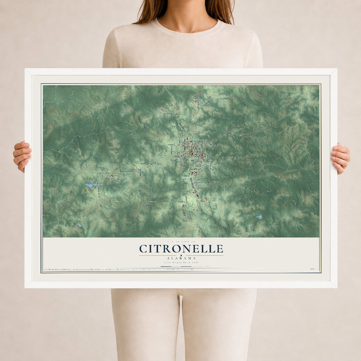 Map of Citronelle, Alabama, 24 x 36 inch print in a white wood frame