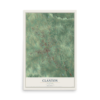 Map of Clanton, Alabama, 12 x 18 inch unframed archival matte print