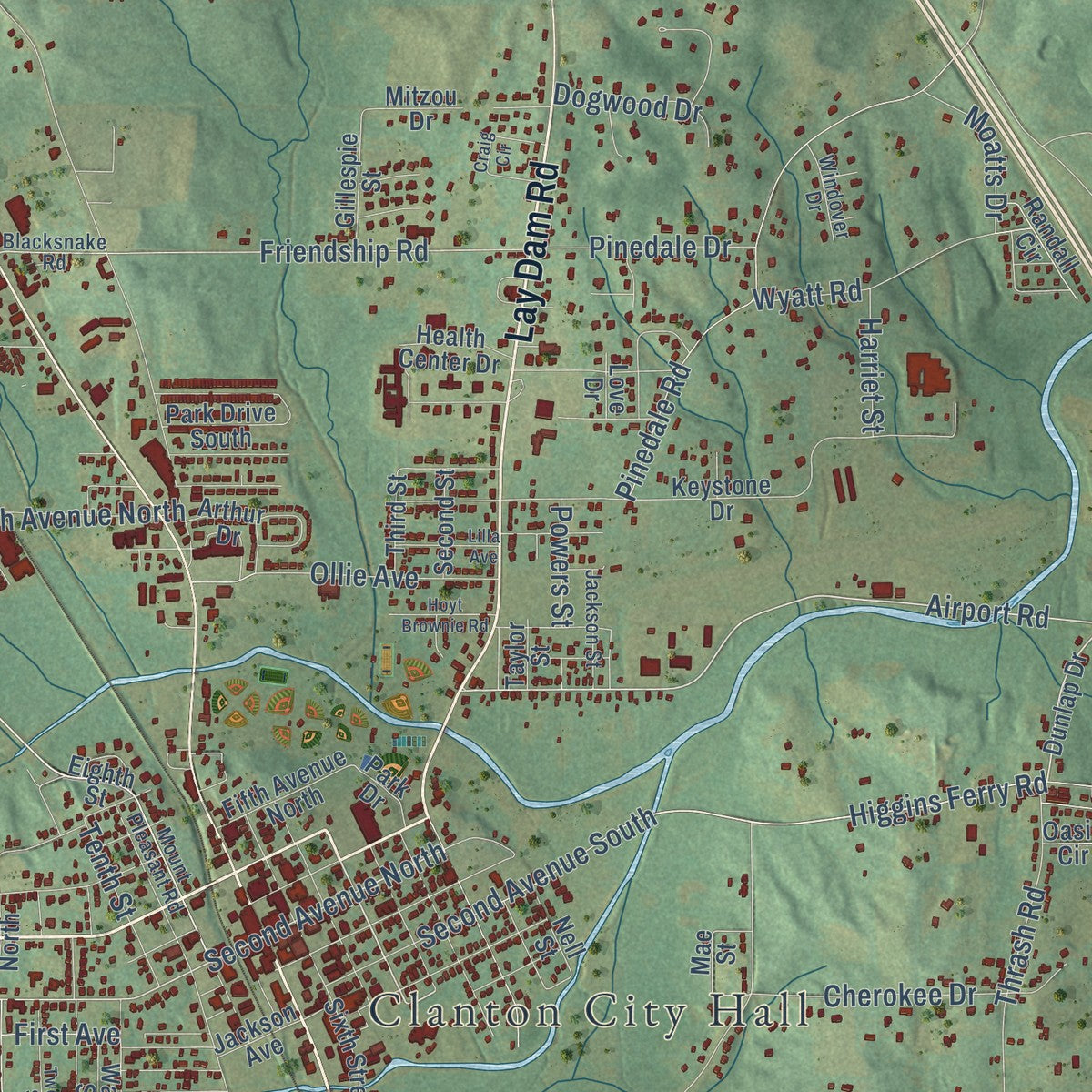 Close-up of the map of Clanton, Alabama print showing street and building detail