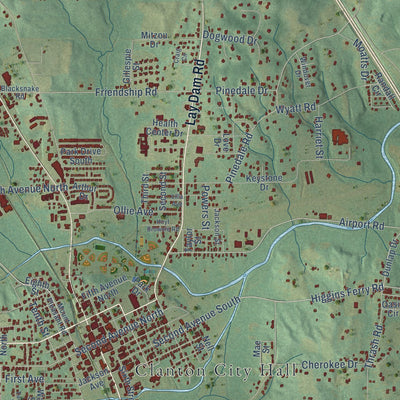 Close-up of the map of Clanton, Alabama print showing street and building detail