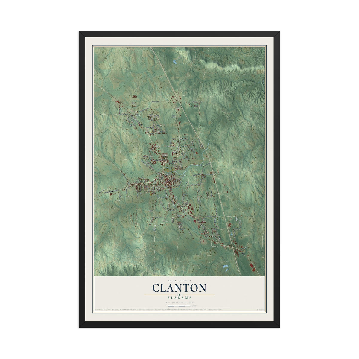 Map of Clanton, Alabama, 12 x 18 inch print in a black wood frame