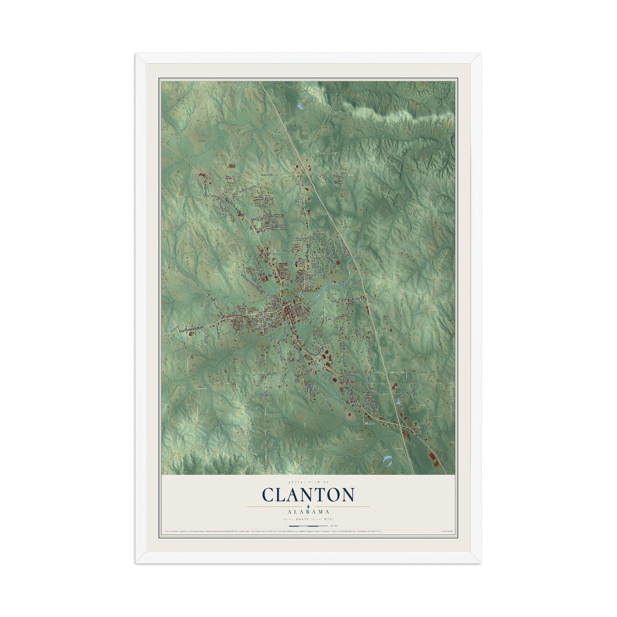 Map of Clanton, Alabama, 12 x 18 inch print in a white wood frame