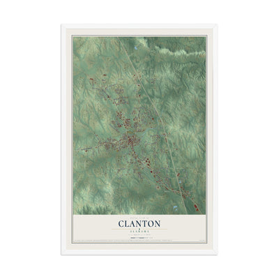 Map of Clanton, Alabama, 12 x 18 inch print in a white wood frame
