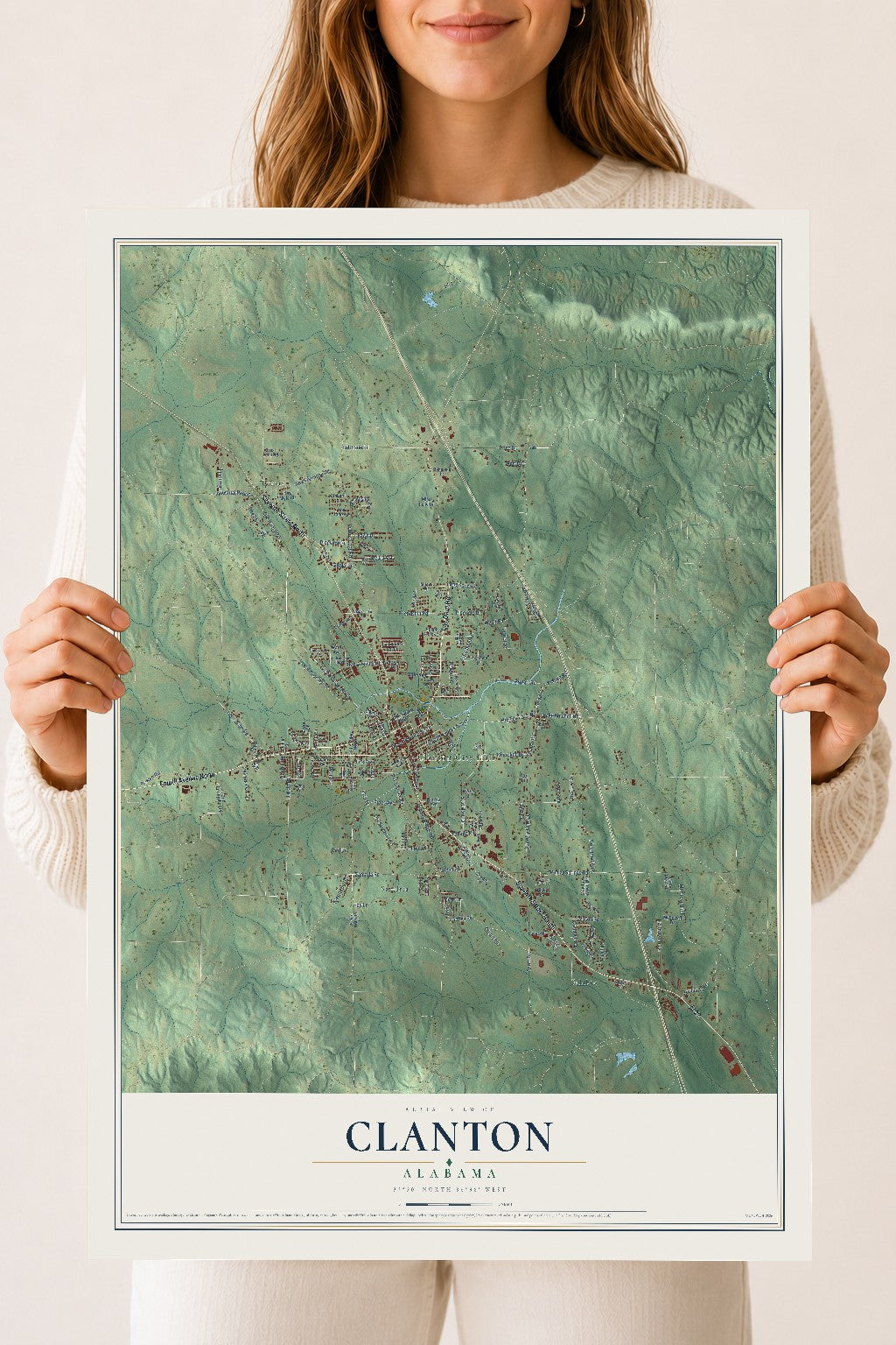Map of Clanton, Alabama, 18 x 24 inch unframed archival matte print