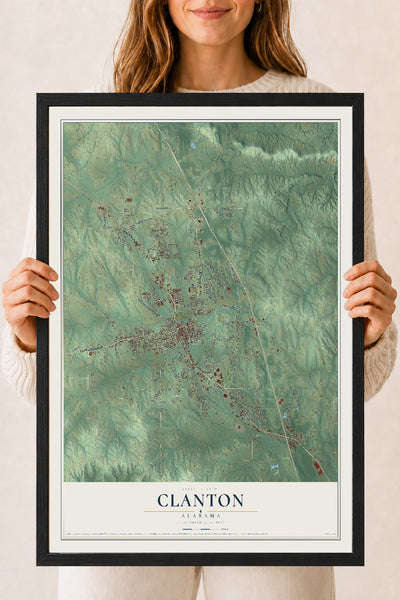 Map of Clanton, Alabama, 18 x 24 inch print in a black wood frame