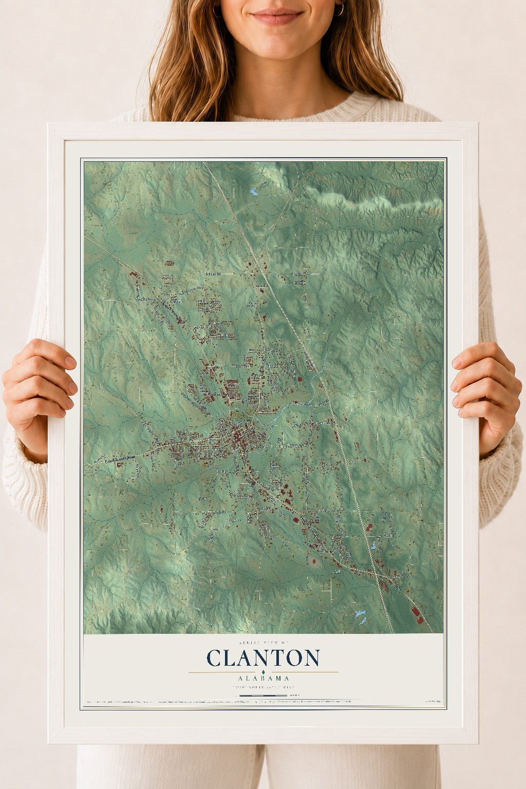 Map of Clanton, Alabama, 18 x 24 inch print in a white wood frame