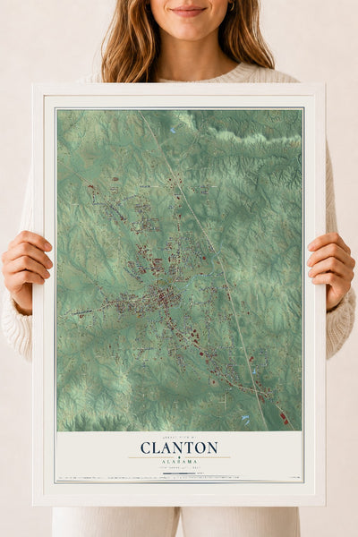 Map of Clanton, Alabama, 18 x 24 inch print in a white wood frame