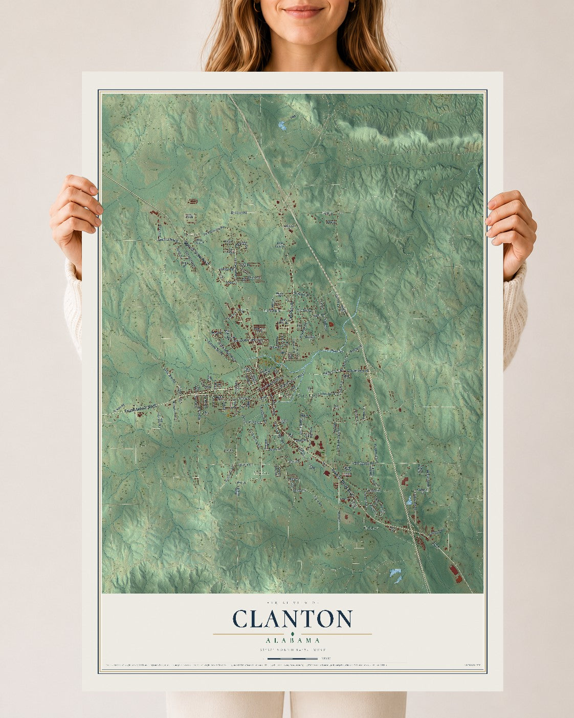 Map of Clanton, Alabama, 24 x 36 inch unframed archival matte print