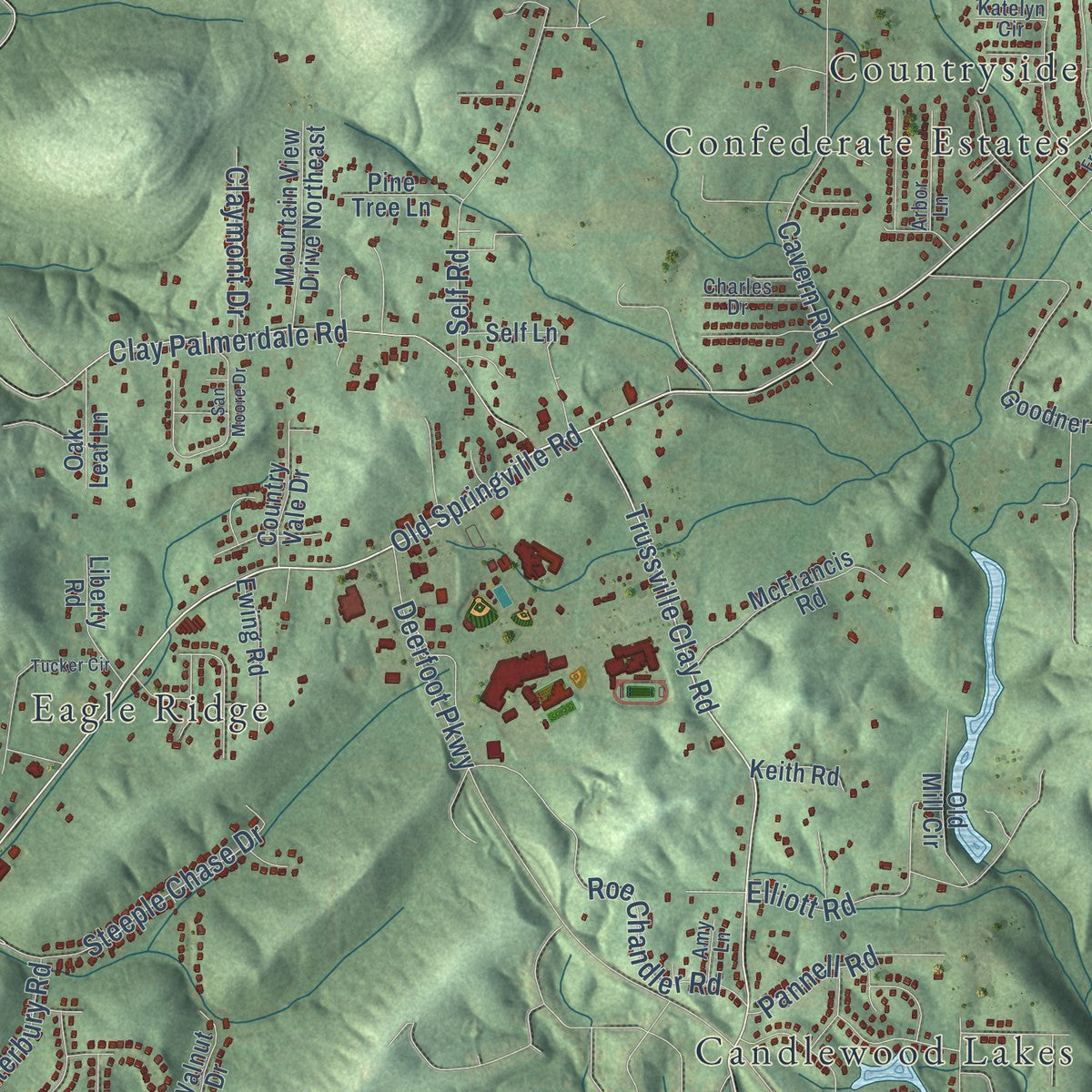 Close-up of the map of Clay, Alabama print showing street and building detail