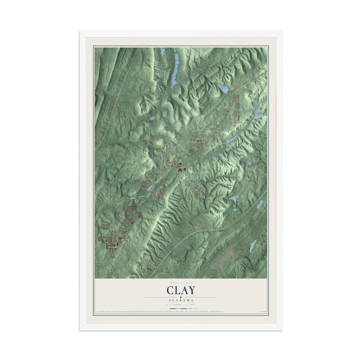 Map of Clay, Alabama, 12 x 18 inch print in a white wood frame