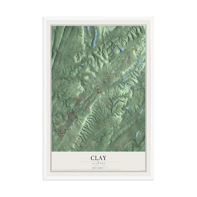 Map of Clay, Alabama, 12 x 18 inch print in a white wood frame