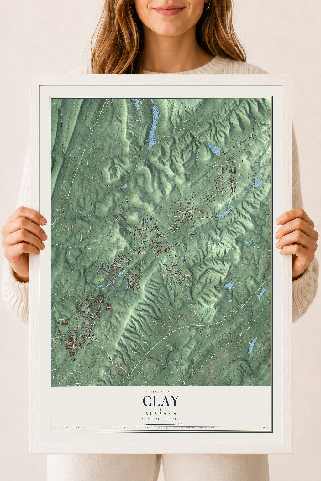 Map of Clay, Alabama, 18 x 24 inch print in a white wood frame