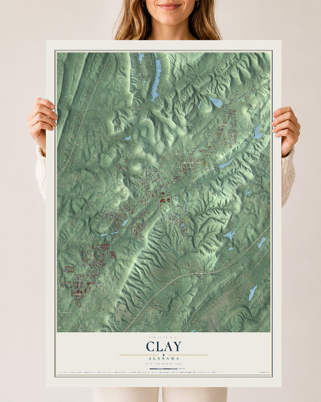 Map of Clay, Alabama, 24 x 36 inch unframed archival matte print